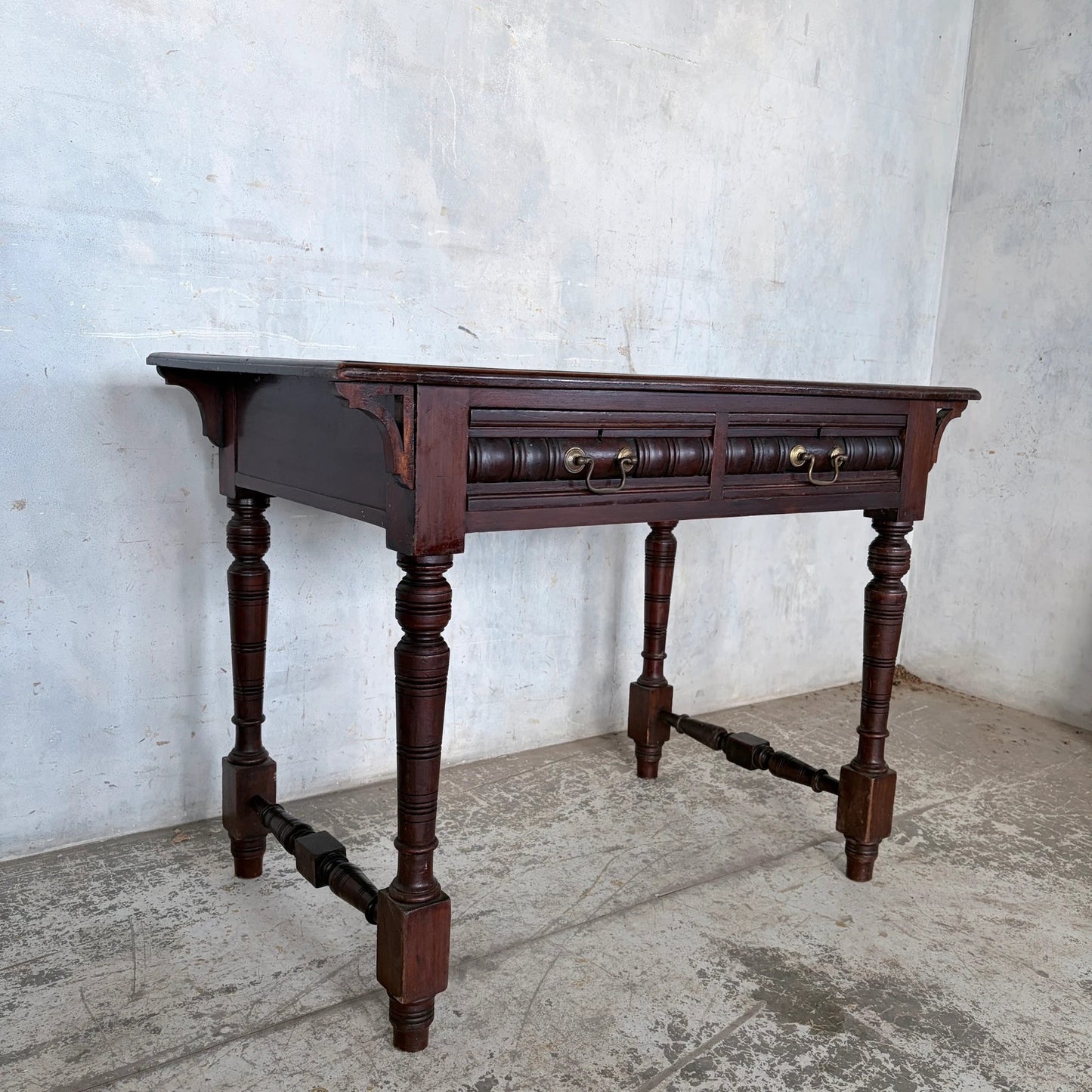 Vintage Pine & Mahogany Console Table with Brass Handle Drawers