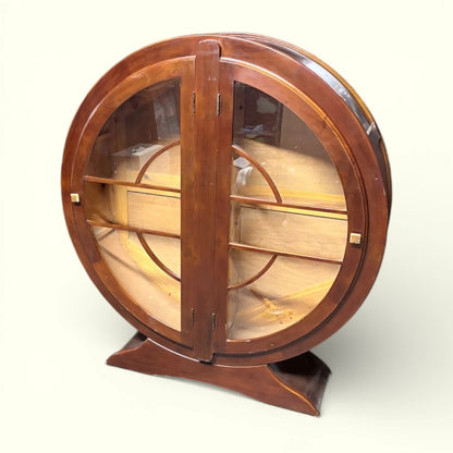 Art Deco Cocktail Cabinet - Walnut Round Cabinet with Bakelite Handles & Shelves