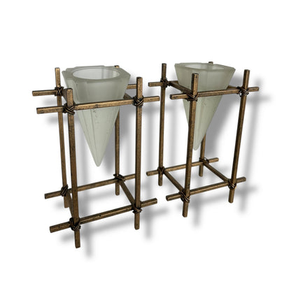 Pair of French Brass & Frosted Glass Candle Holders – Mid Century Modern Geometric Votive Stands