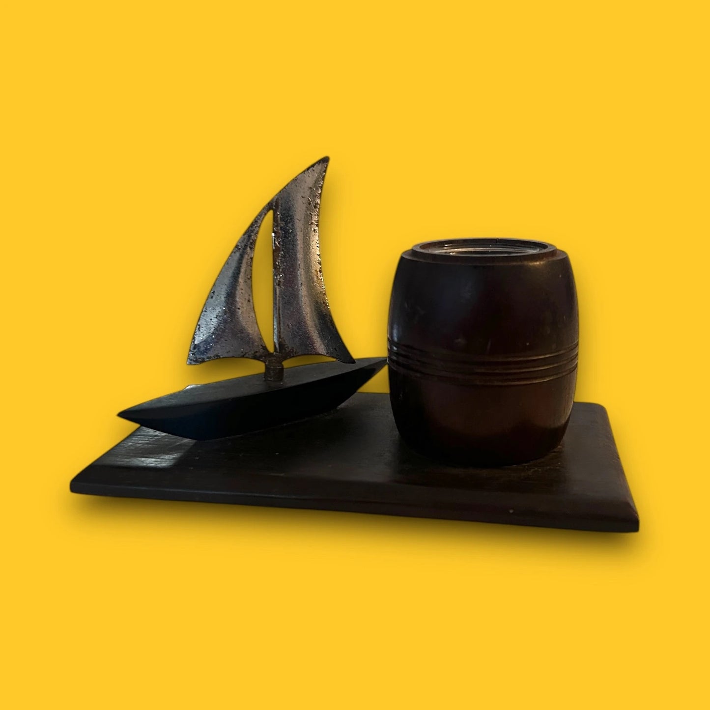 Vintage 1960s Metal Boat Desk Ink Well