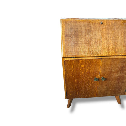 Mid Century Modern Oak Bureau Desk Cabinet | Vintage Drop-Front Writing Desk with Storage Drawers