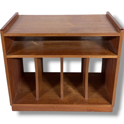 Teak Vinyl Storage Cabinet – Mid Century Media Cabinet with Dividers & Open Shelf