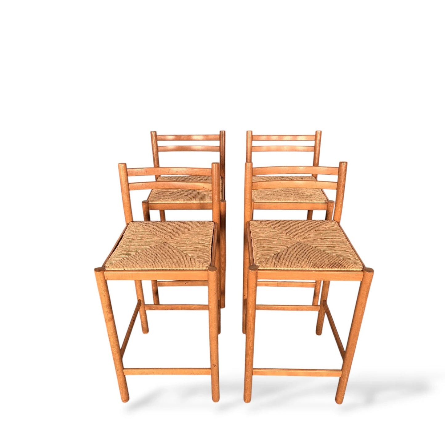 Set of 4 Mid-Century Beech & Rush Bar Stools – 1970s Habitat / Magistretti Style