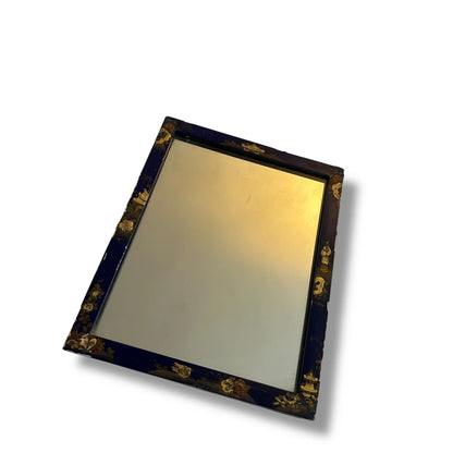 Antique Chinoiserie Mirror | Blue & Gold Gilt Painted Rectangular Wall Mirror