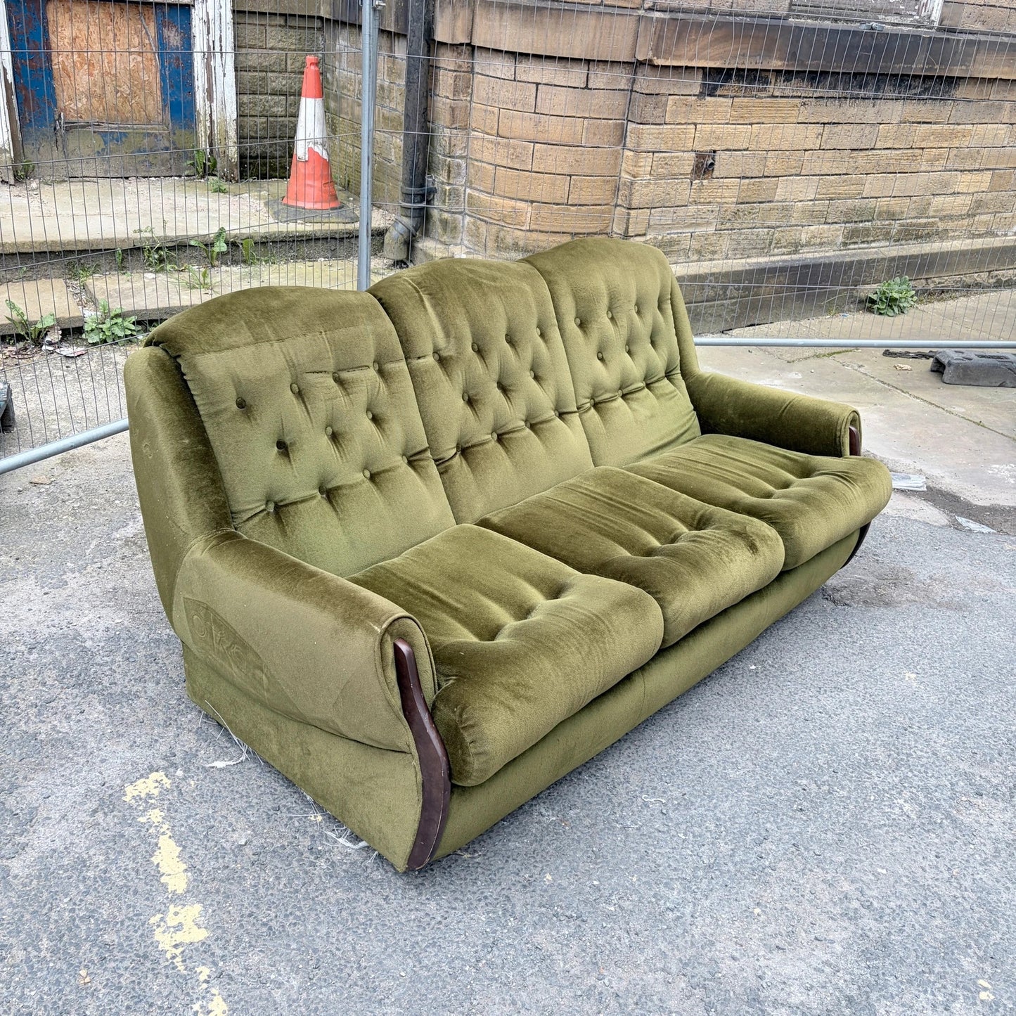 Mid Century Green Velvet and Wood Three Seater Sofa