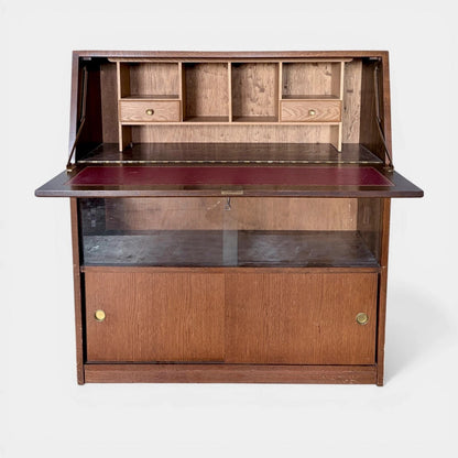 Mid Century Tiger Oak Bureau Bookcase Display Cabinet