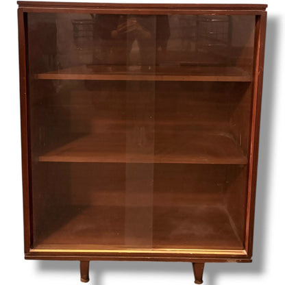 Mid Century Bookcase - Walnut Veneer Glazed Bookshelf With Sliding Doors