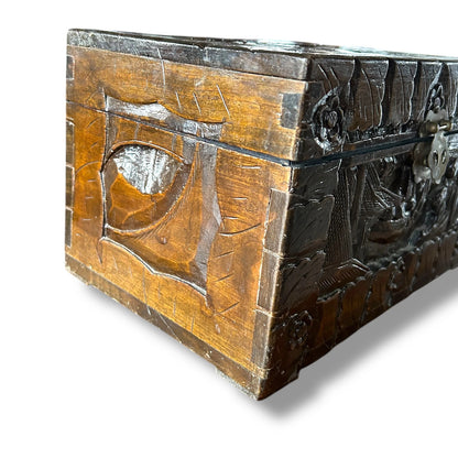 Mid Century Chinese Carved Camphor Wood Sewing Box
