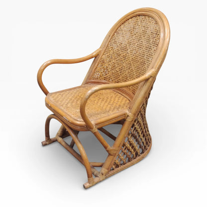 Boho Bamboo Armchair - Vintage 1970s Rattan Woven Seat Coastal Style Chair