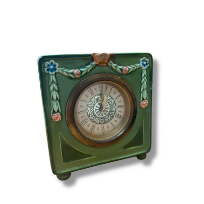 Vintage West German Mantel Clock | Green Ceramic Floral Table Clock