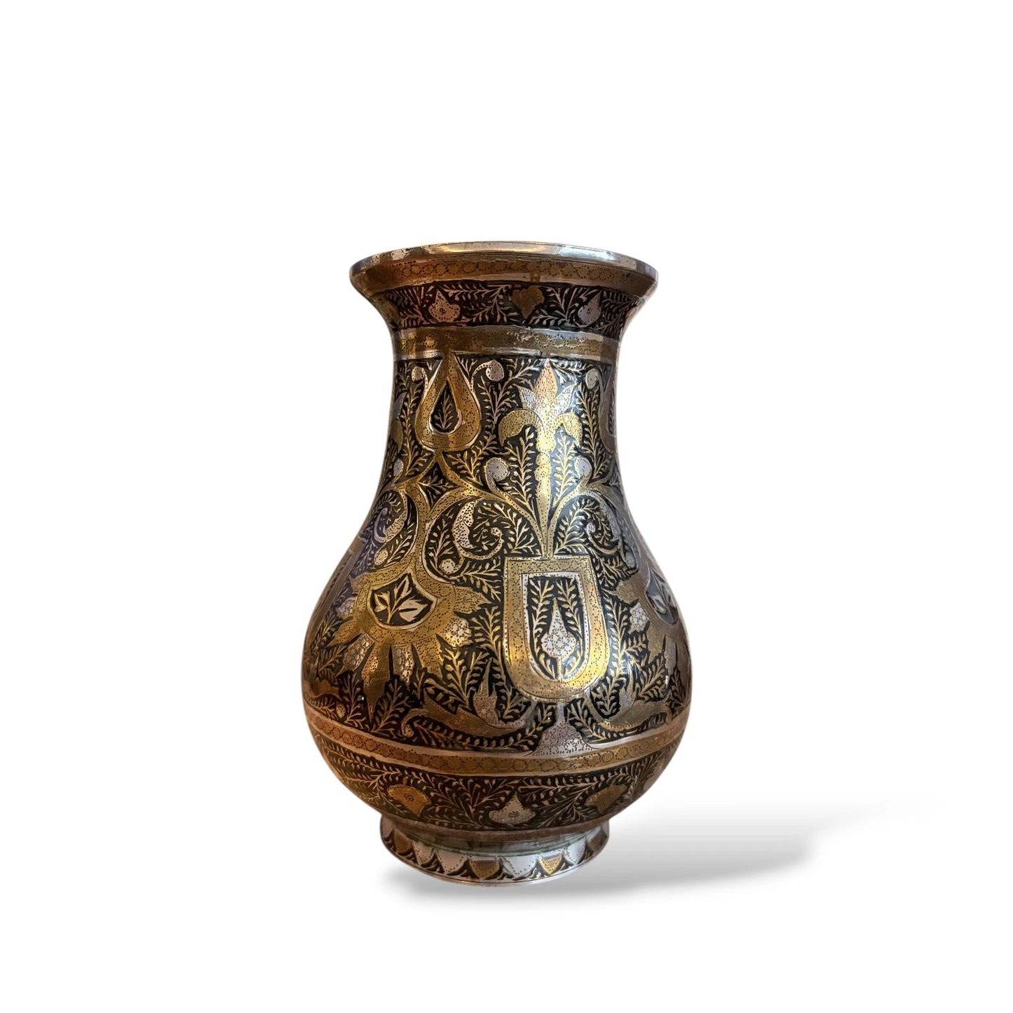 Vintage Brass and Silver Inlaid Vase – Hand-Etched Kashmiri Indian Bidri-Style Metalwork Vessel