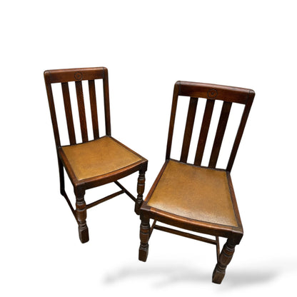 Pair of Vintage Oak Dining Chairs Yellow Leatherette Seats