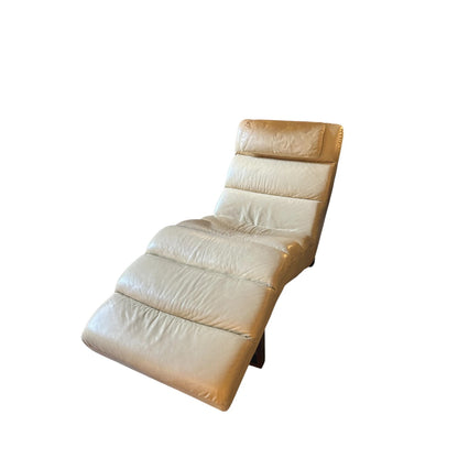 Mid Century Beige Leather Chaise Lounge Chair | Vintage Retro Lounge Chair with Wood Legs