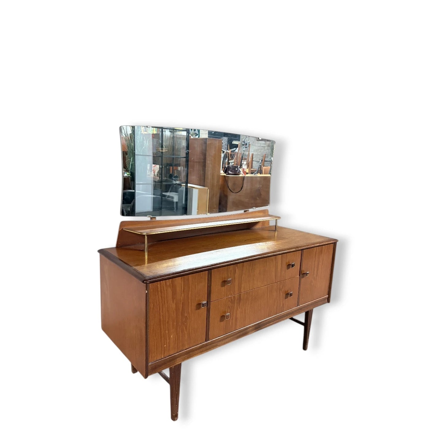 Mid Century Dressing Table | Vintage Teak Vanity with Brass Handles & Mirror