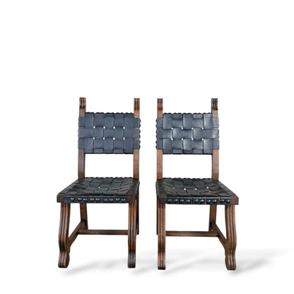 Pair of Vintage Navarro Argudo Spanish Brutalist Chairs – Wood and Woven Leather