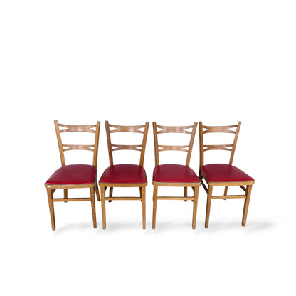 Set of 4 Vintage Dining Chairs with Red Vinyl Seats – 1950s Retro