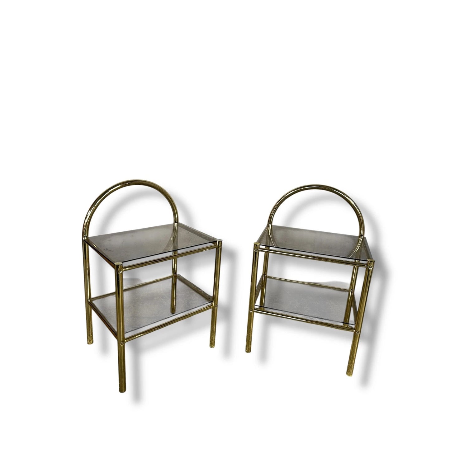 Mid Century Brass Gold and Smoked Glass Bedside Tables