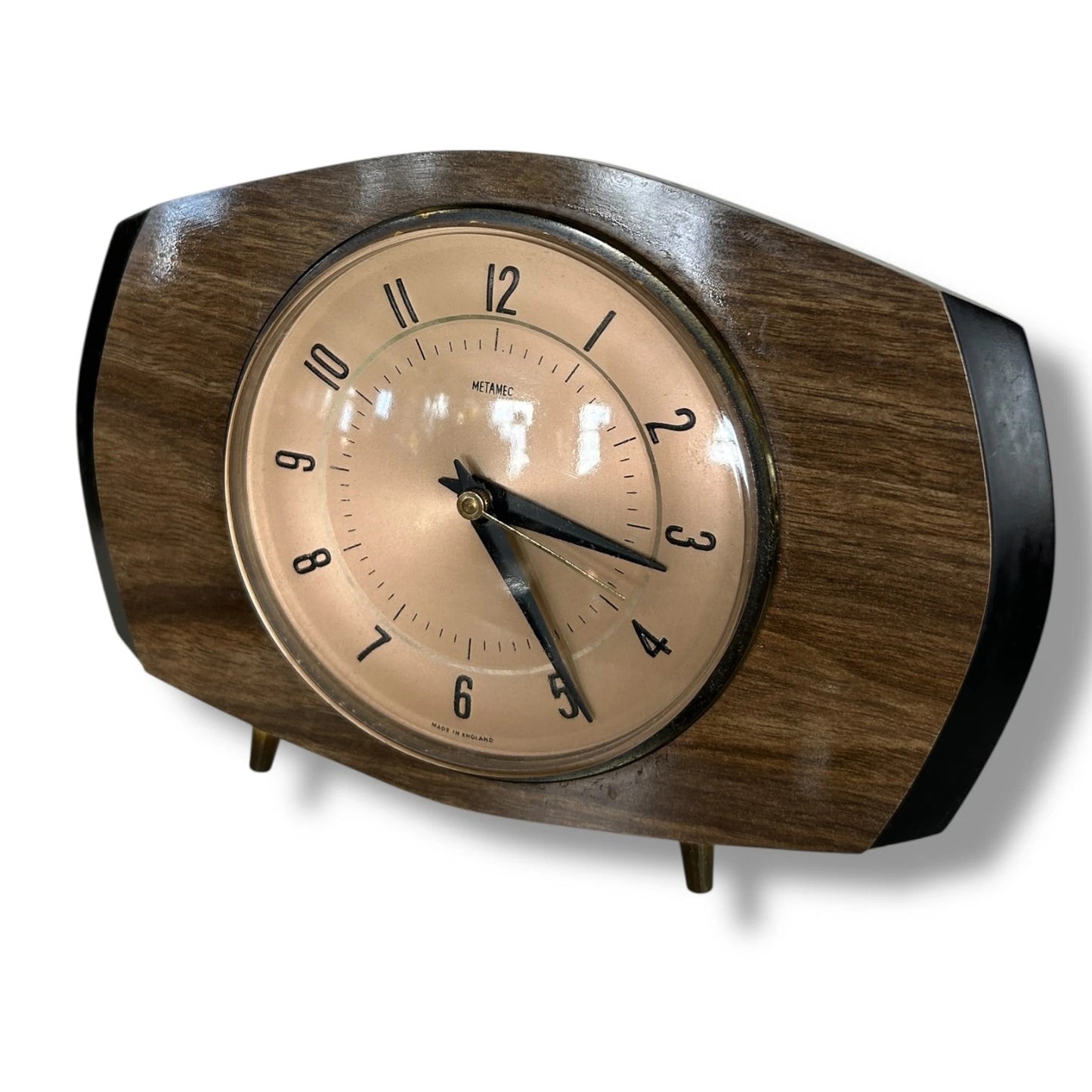 Vintage Metamec Mantel Clock – Mid Century Modern Teak & Brass Atomic