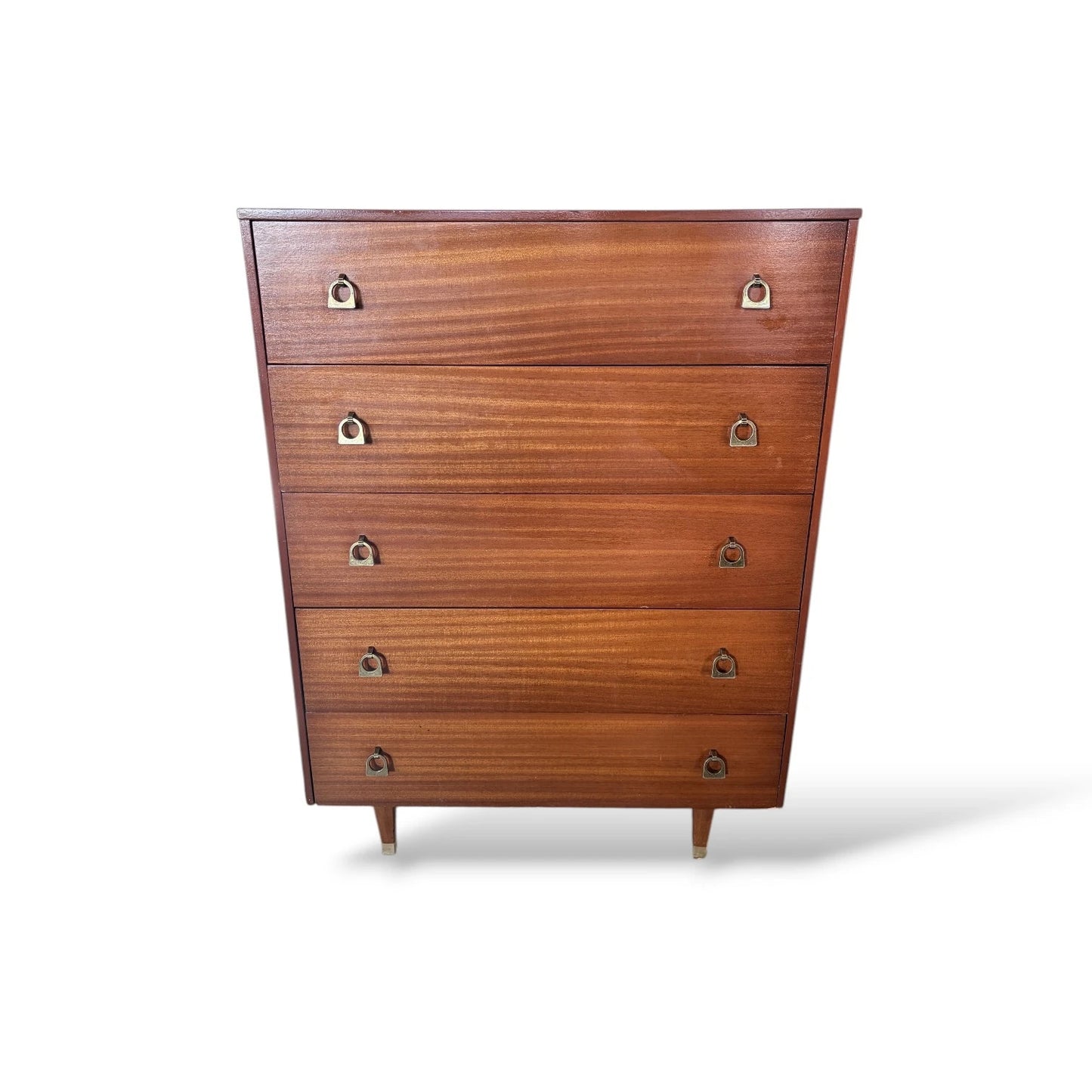 Mid-Century Chest Drawers | Tallboy Dresser with Brass Handles & Teak Veneer