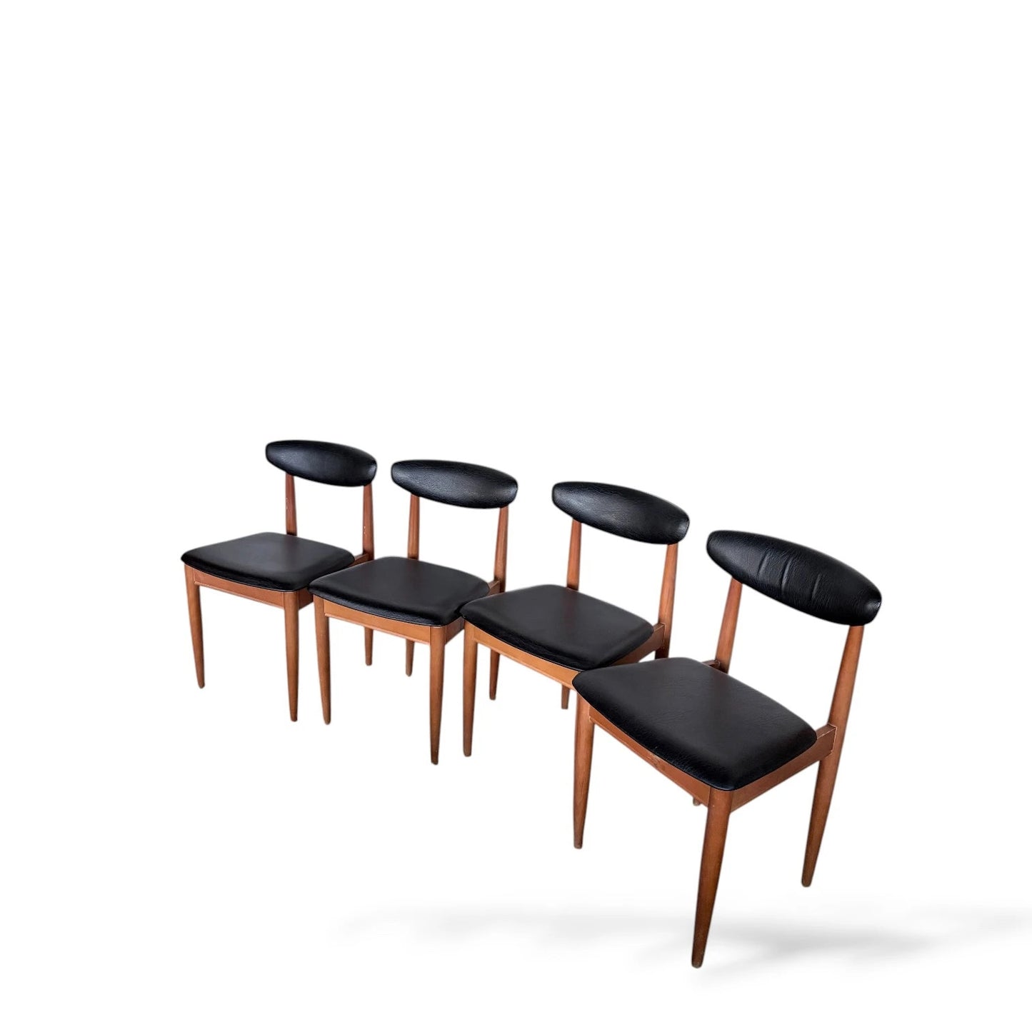 Set of 4 Schreiber Mid-Century Modern Dining Chairs – Teak & Black Vinyl