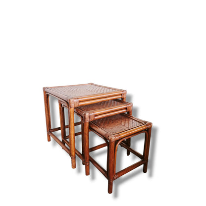 Vintage Bamboo & Rattan Nesting Tables – Set of Three Square Boho Tables