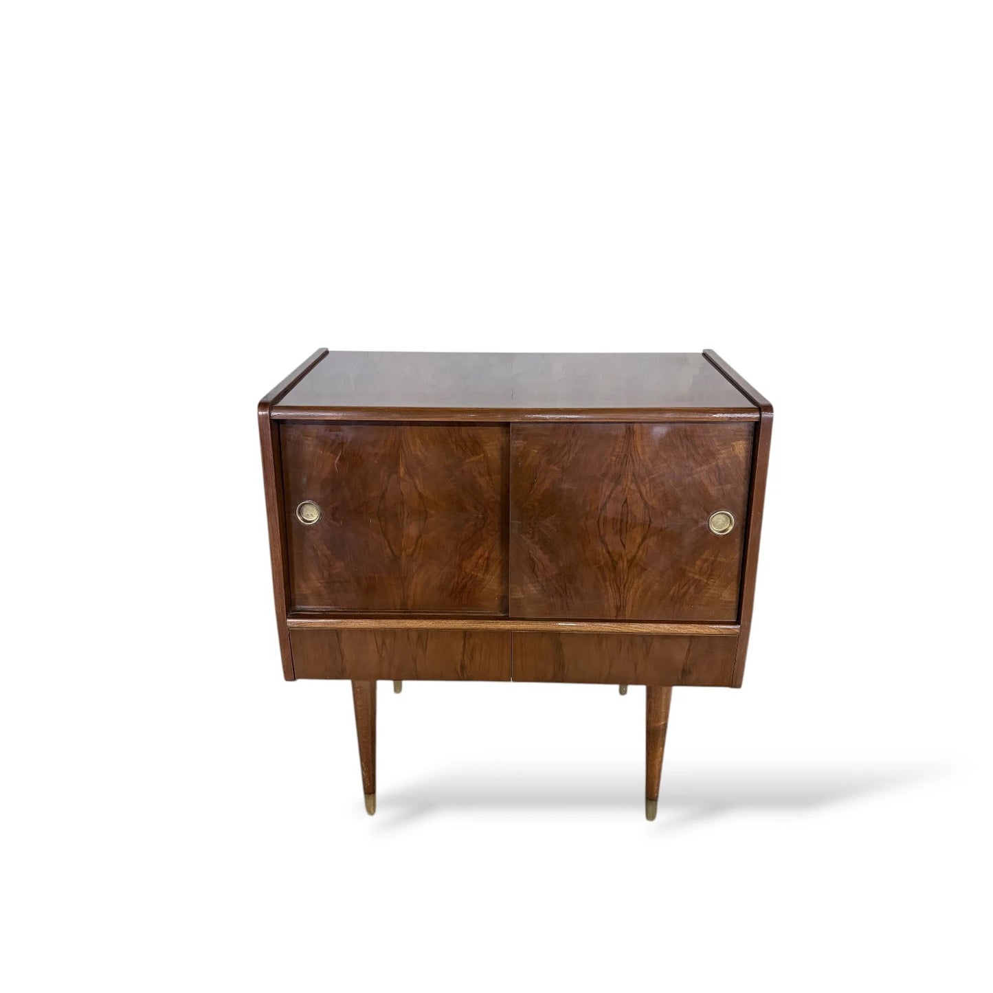 Mid-Century Walnut Record Cabinet with Sliding Doors & Drawers