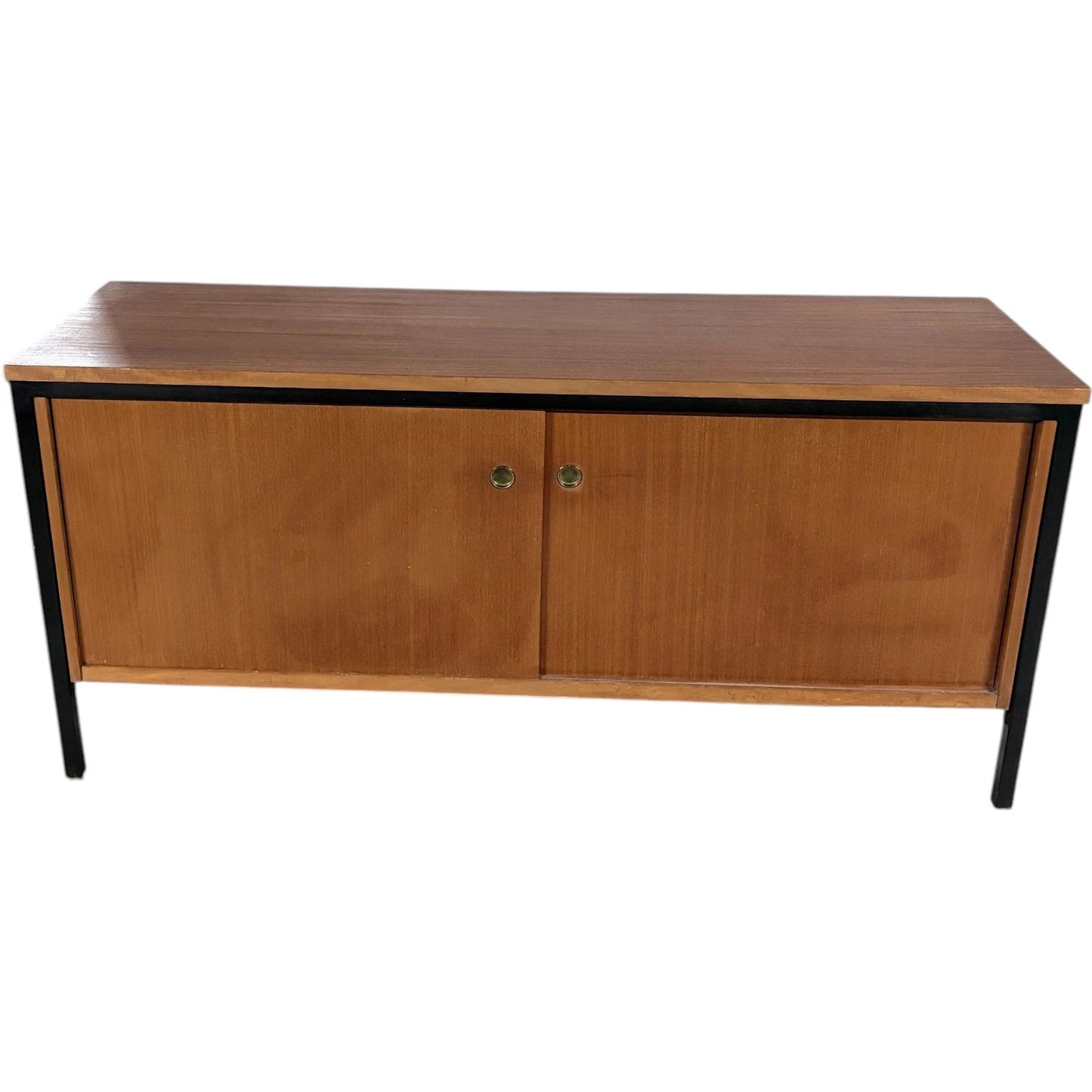 Mid Century Sideboard | Vintage Industrial Sliding Door Cabinet With Brass Handles
