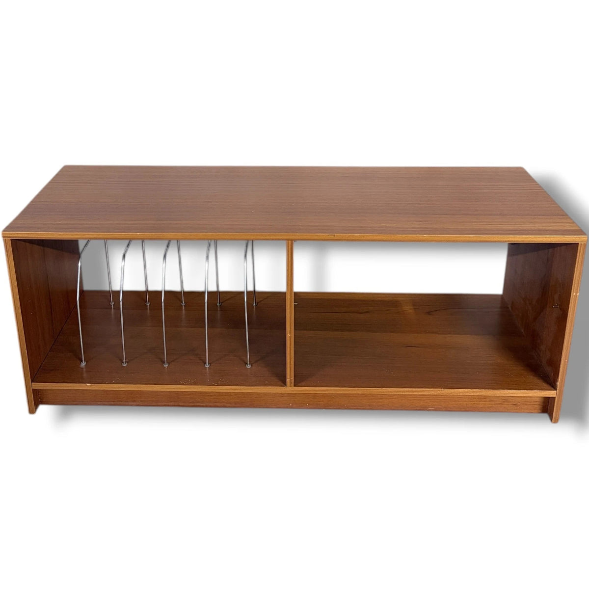 Mid Century Media Unit – Teak TV Stand with Vinyl Record Storage & Metal Wire Dividers
