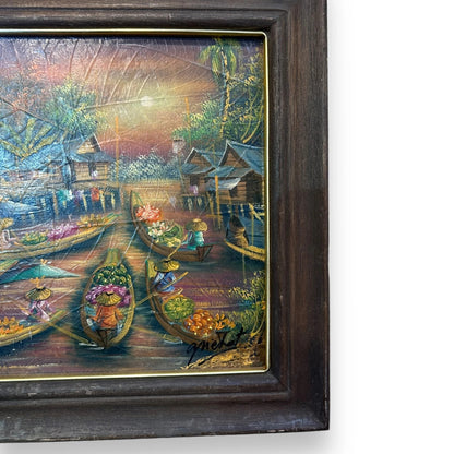 Vintage 1950s Thai Village Oil Painting Framed