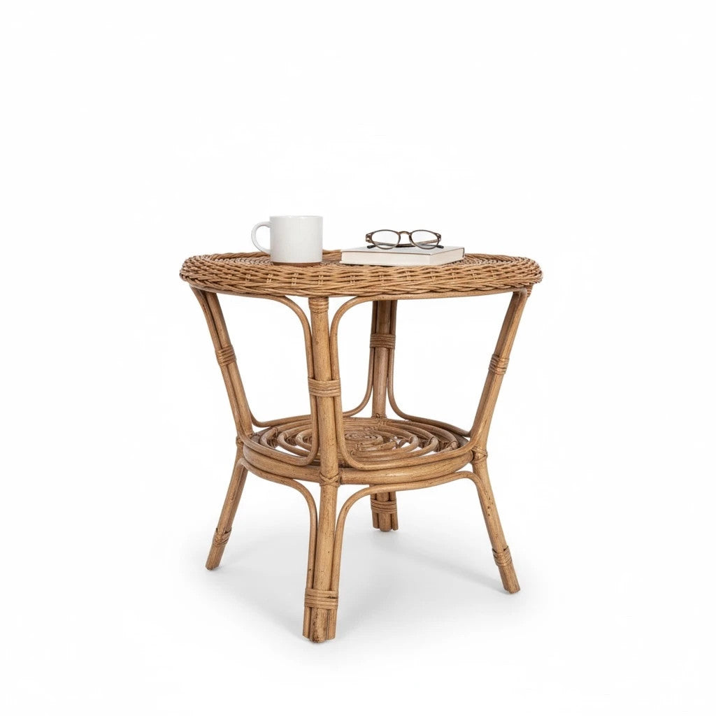 Vintage Bamboo Round Side Table – Small Rattan Accent Table