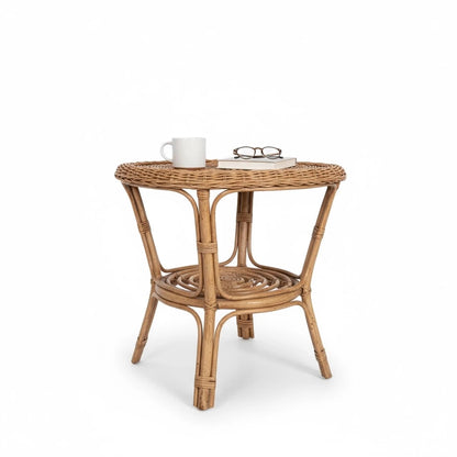 Vintage Bamboo Round Side Table – Small Rattan Accent Table
