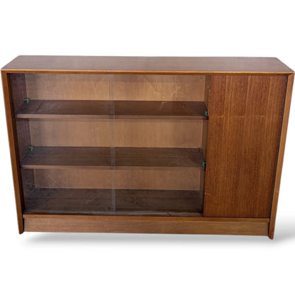 Teak Bookcase With Sliding Glass Doors – Mid Century Adjustable Shelving Cabinet