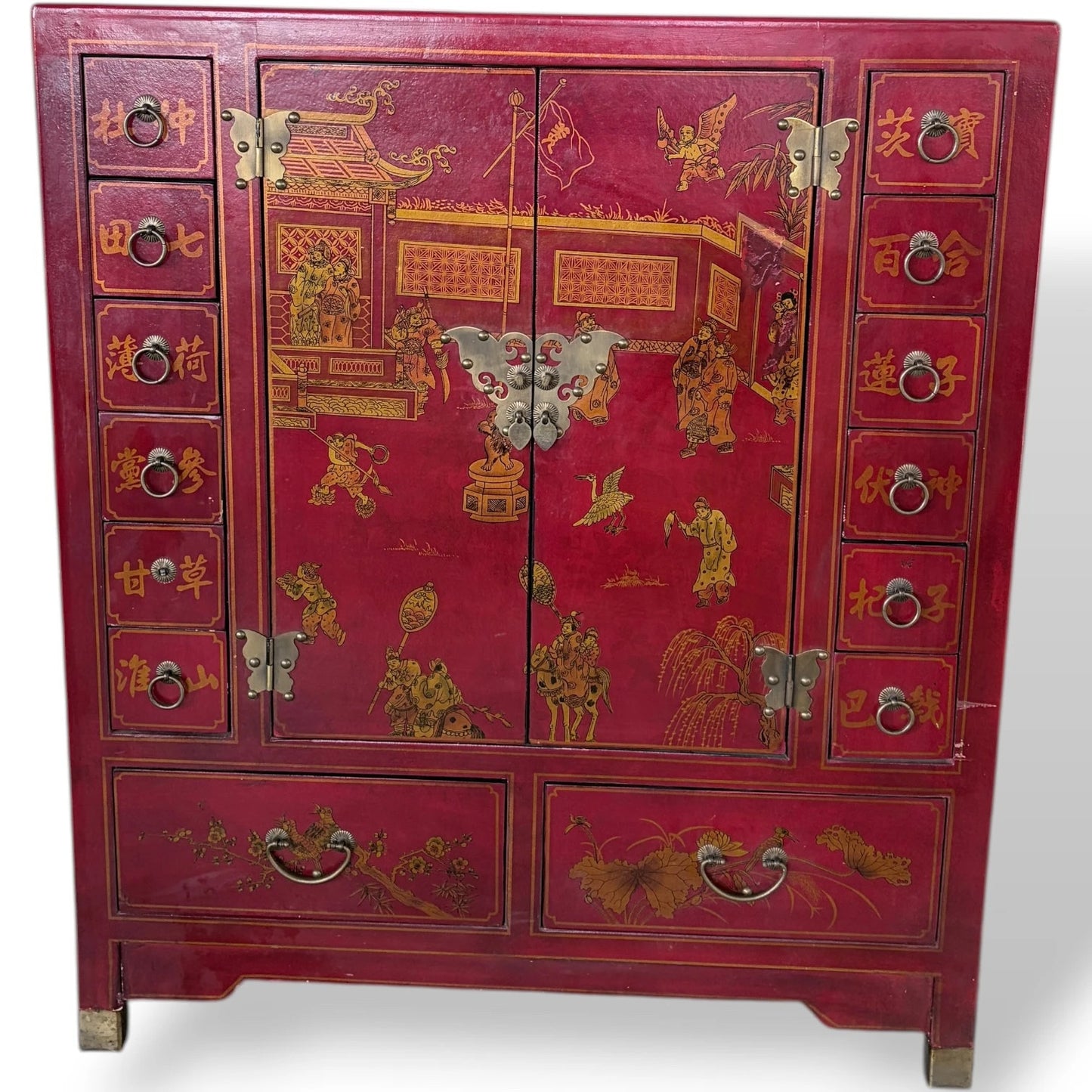Antique Apothecary Cabinet – Red Lacquer Chinoiserie Storage Unit with Brass Hardware — view 3