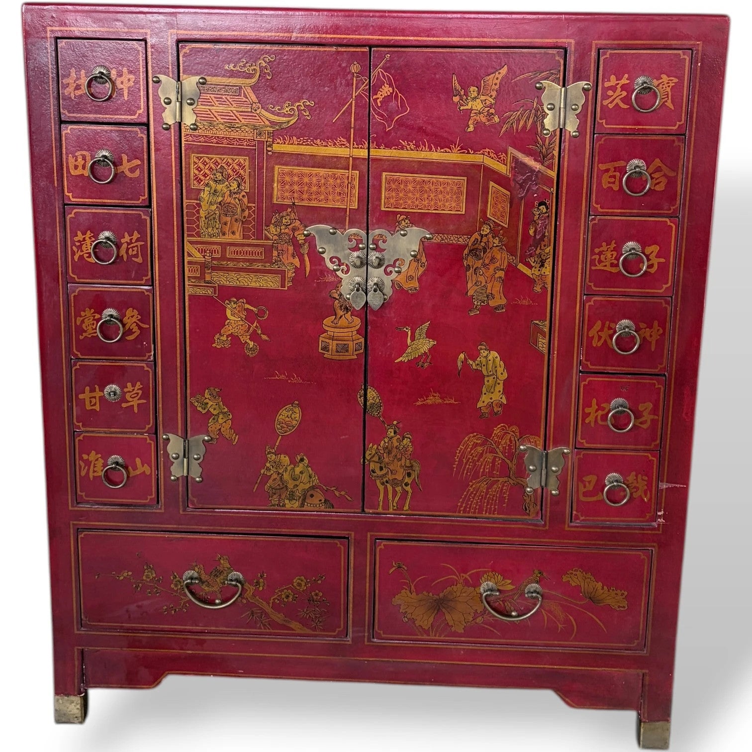 Antique Apothecary Cabinet – Red Lacquer Chinoiserie Storage Unit with Brass Hardware — view 3