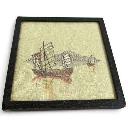 Mid Century Japanese Boats Handpainted Silk Paintings