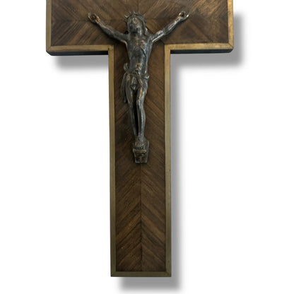 Vintage 1960s Wooden Marquetry Jesus Christ Crucifix