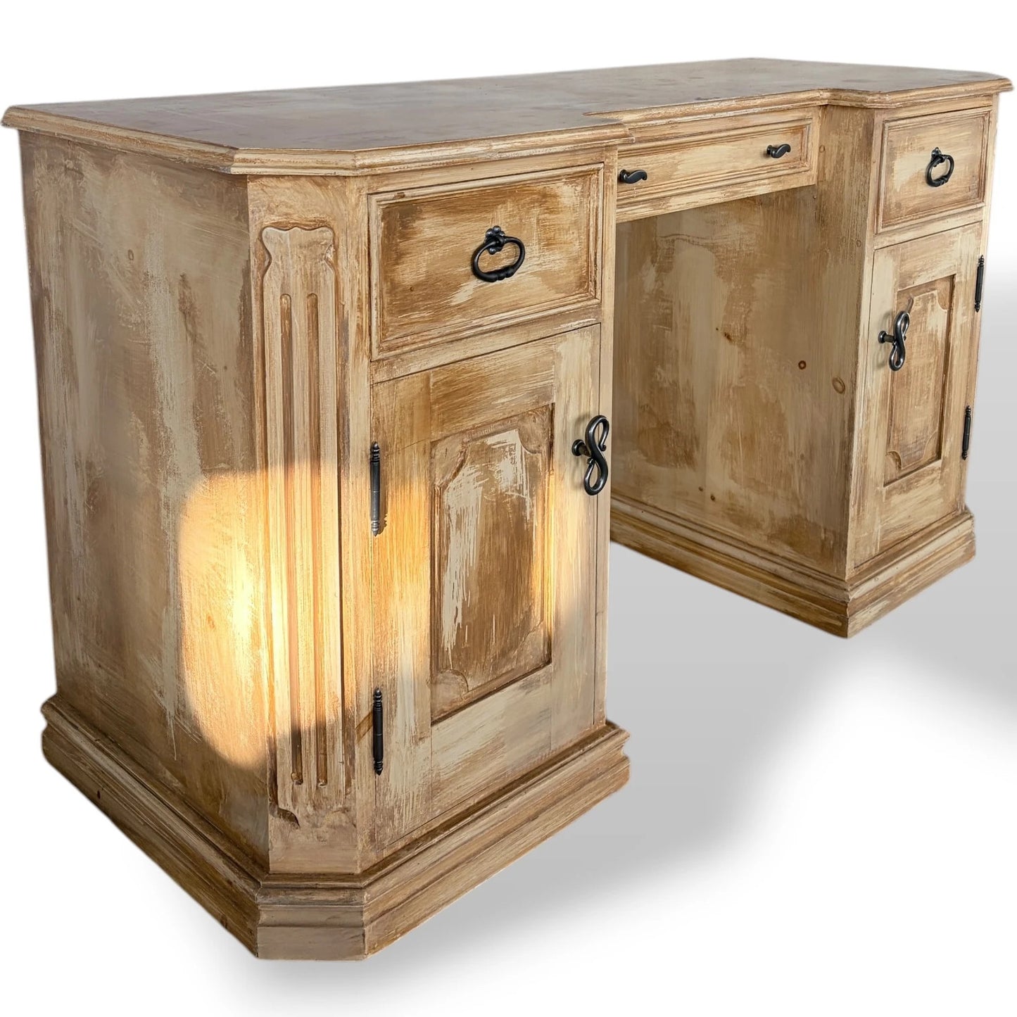 Vintage Pine Writing Desk – Rustic Farmhouse Pedestal Desk with Cupboards & Storage Drawers