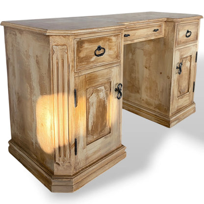 Vintage Pine Writing Desk – Rustic Farmhouse Pedestal Desk with Cupboards & Storage Drawers