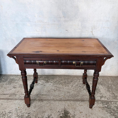 Vintage Pine & Mahogany Console Table with Brass Handle Drawers