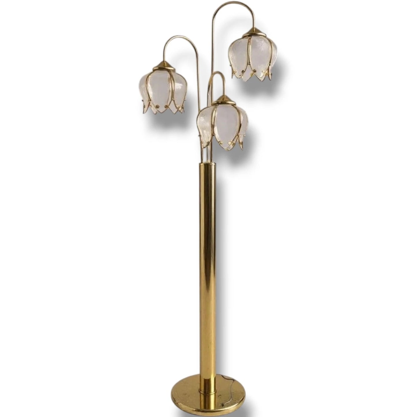 Art Deco Floor Lamp – Hollywood Regency Brass Lotus Lamp with Sculptural Glass Shades