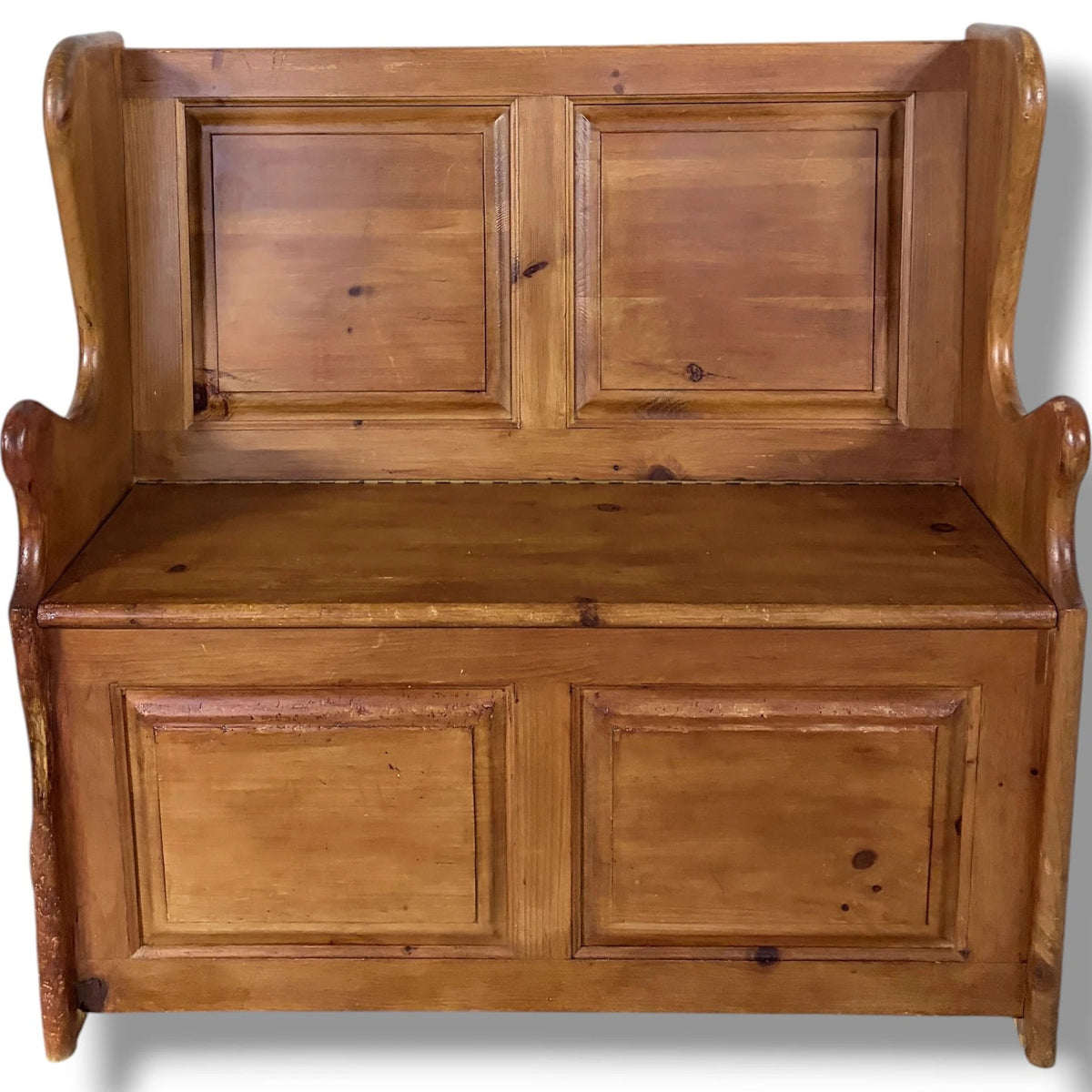 Antique Pine Monks Bench – Rustic Church Pew Style Hallway Storage Seat