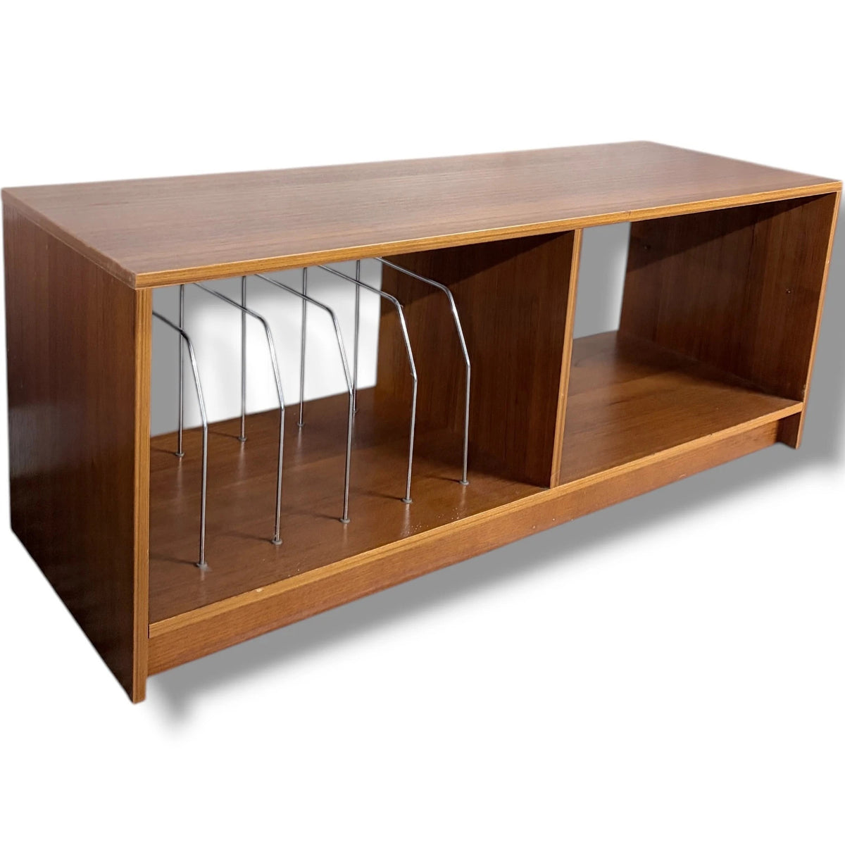 Mid Century Media Unit – Teak TV Stand with Vinyl Record Storage & Metal Wire Dividers