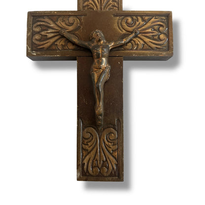 Vintage 1960s Carved Oak Wood Crucifix | Mid Century Jesus Christ Wall Cross
