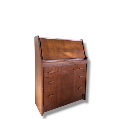 Mid Century Teak Bureau – Danish Modern Desk With Teak Wood Drawers & Drop Front — view 4