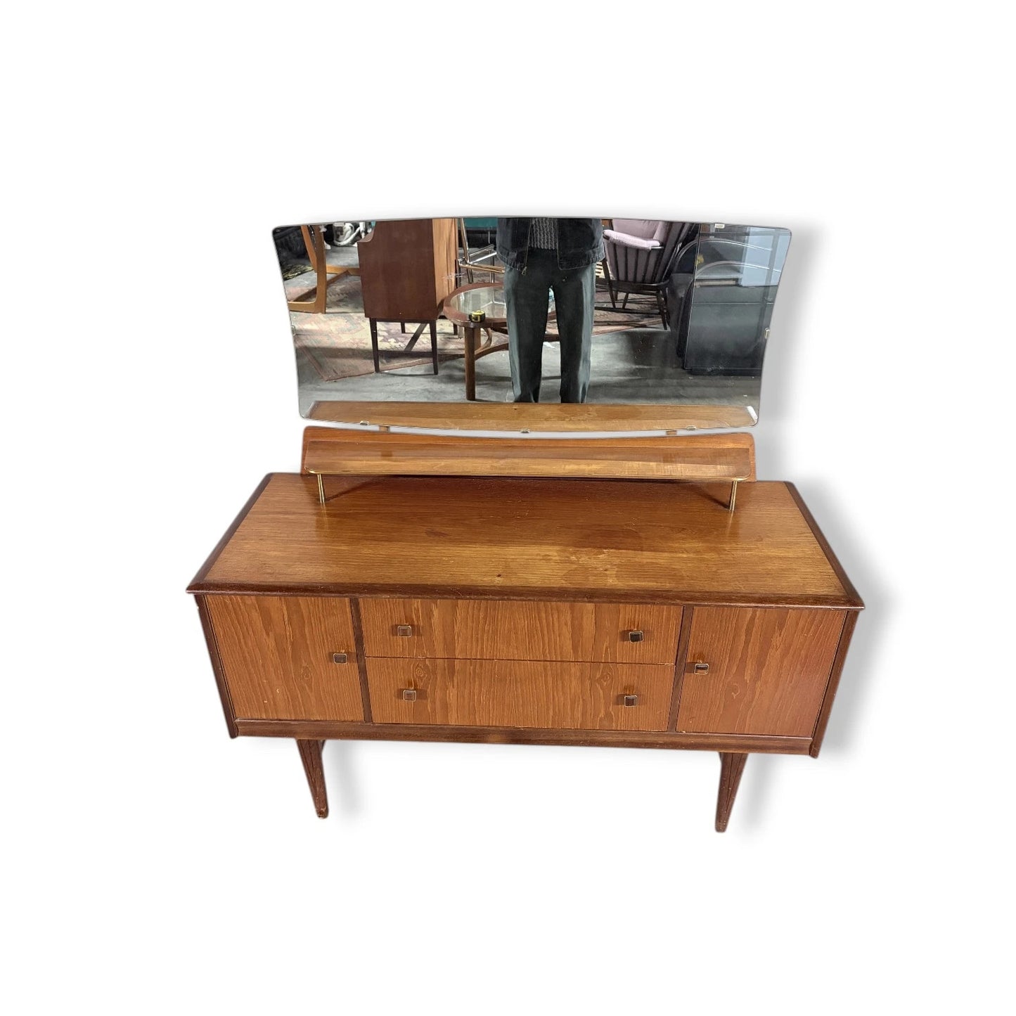 Mid Century Dressing Table | Vintage Teak Vanity with Brass Handles & Mirror