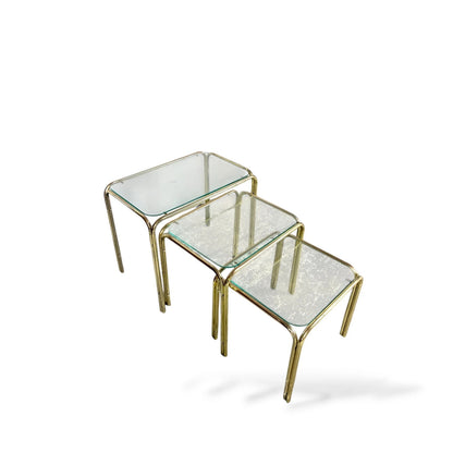 Vintage Brass and Glass Nest of Tables – 1970s Hollywood Regency Style