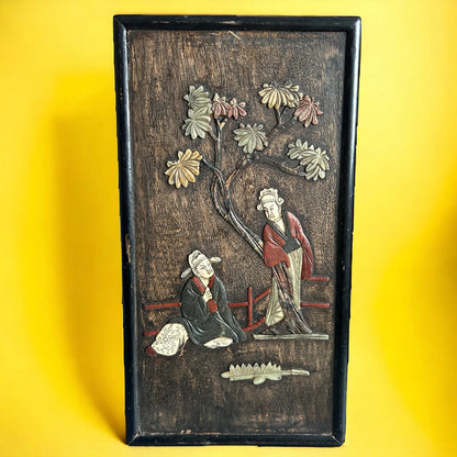 Vintage 1950s Chinese Soapstone Wood Carving Wall Panel
