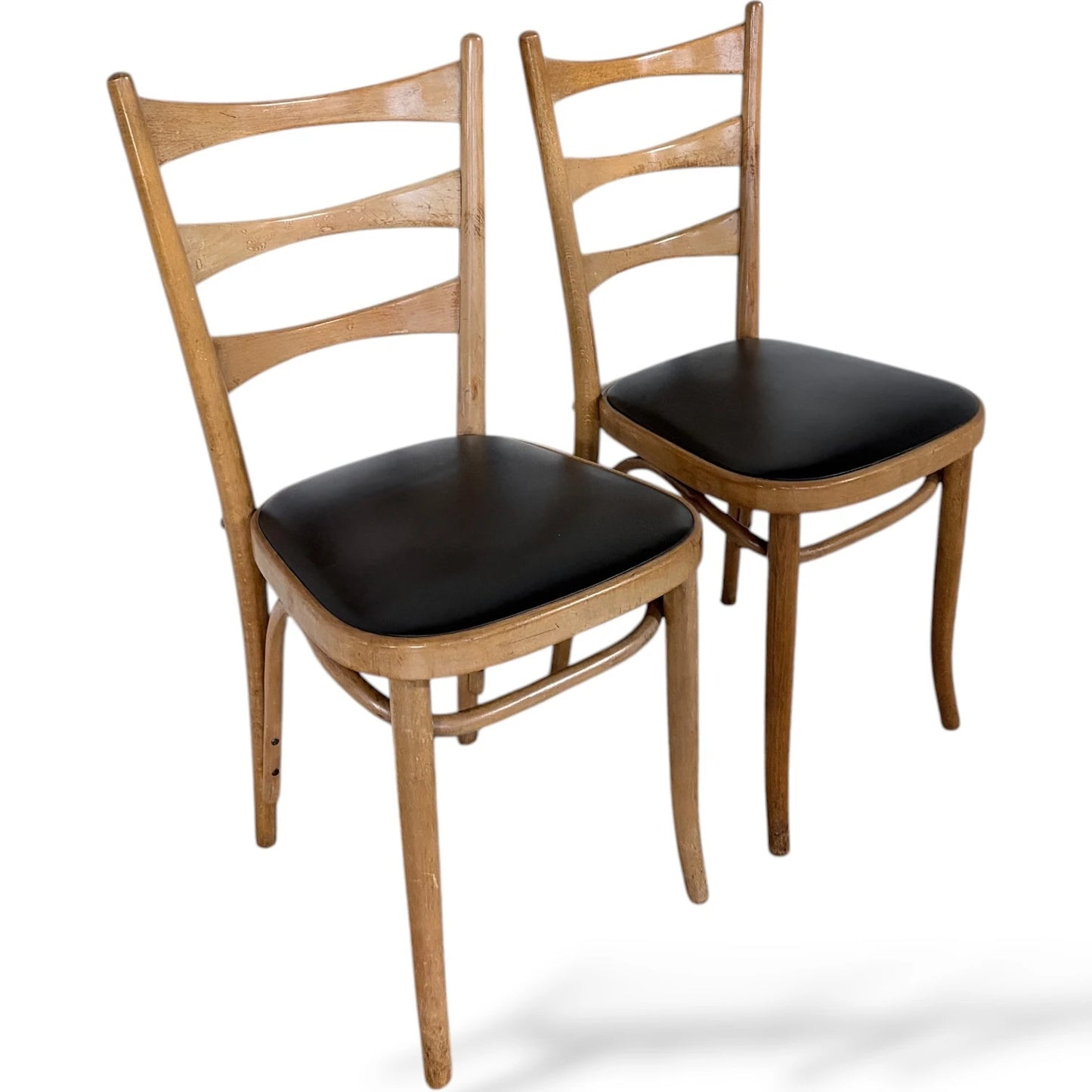 Pair of Bentwood Beech Dining Chairs with Black Vinyl Seats – Mid-Century Style