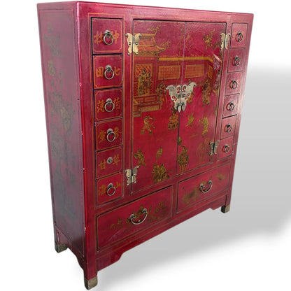 Antique Apothecary Cabinet – Red Lacquer Chinoiserie Storage Unit with Brass Hardware — view 4