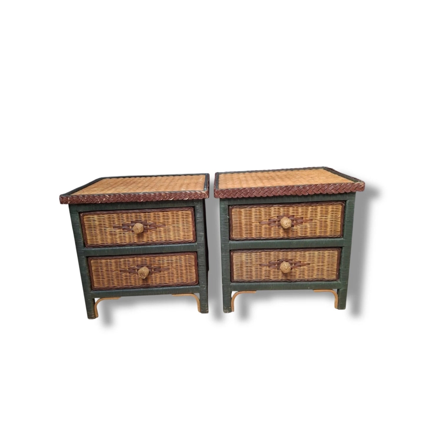 Pair of Vintage Wicker & Rattan Bedside Tables – Boho Nightstands